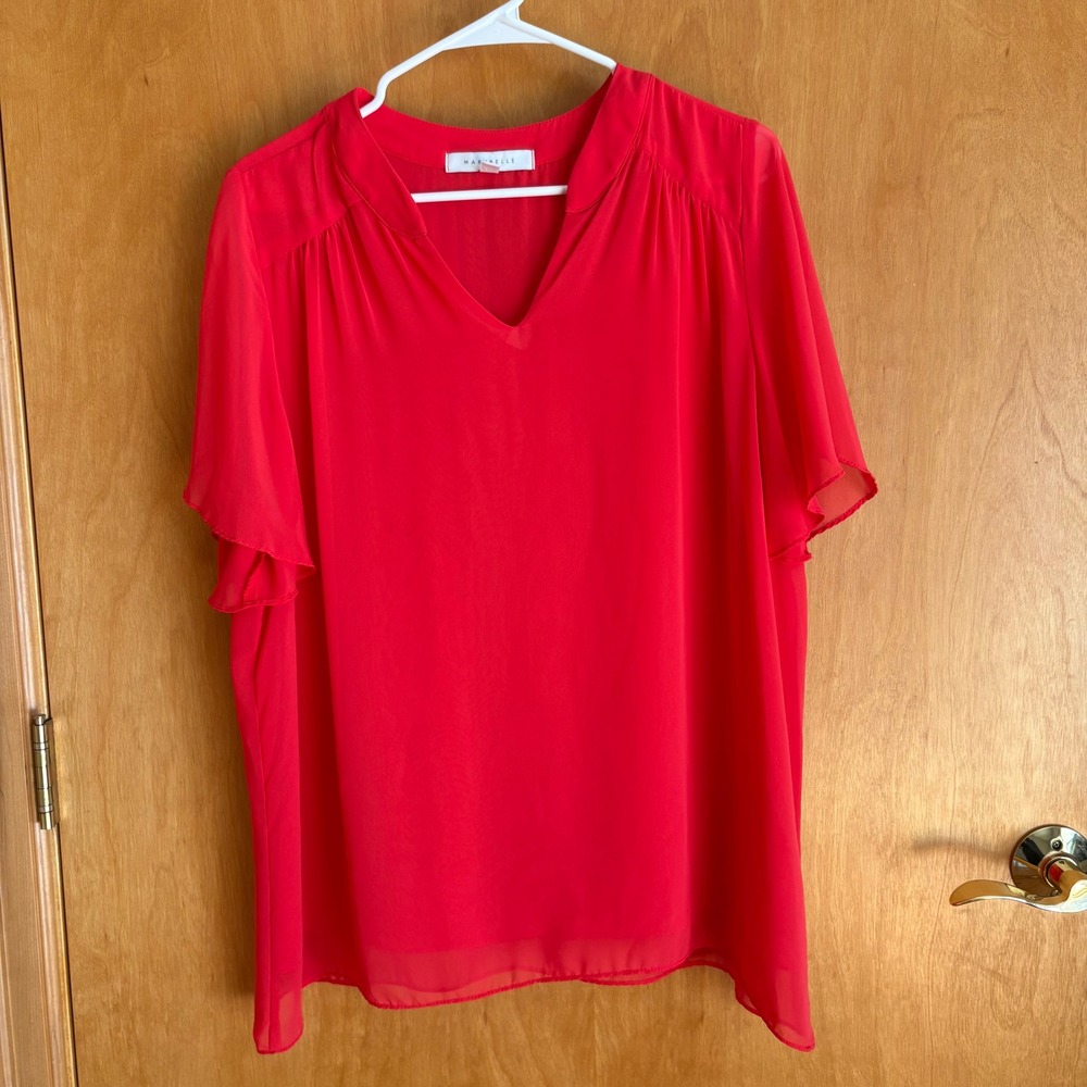 Marybelle Red Blouse 1X Flutter Sleeve V-Neck Lightweight Made‎ in USA